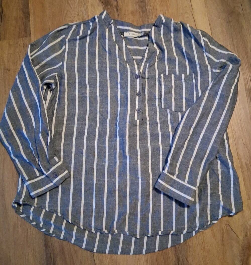 YIDARTON Blue White Striped Woven Cotton Flax Button-Up V-Neck Blouse Women's XL